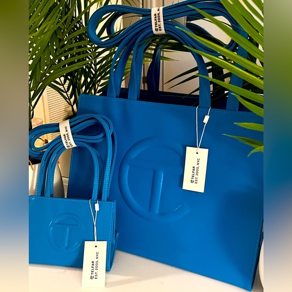 💙 SET NWT TELFAR Cyan blue SET of TWO - medium & small shopping bag totes 💙 - Picture 1 of 14